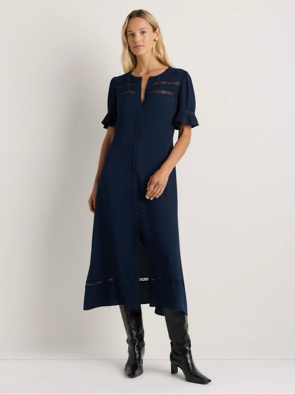Quince Lightweight Crepe Lace Inset Midi Dress size XL